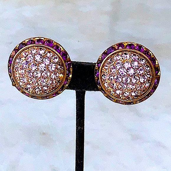 VINTAGE EARRINGS AMETHYST & LILAC AUSTRIAN CRYSTALS ROUND BUTTON SHAPE - Picture 3 of 11